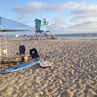 Blik vanuit de camper op Coronado Beach.