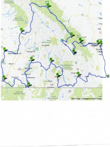 Dit wordt onze route door Alberta en British Columbia.